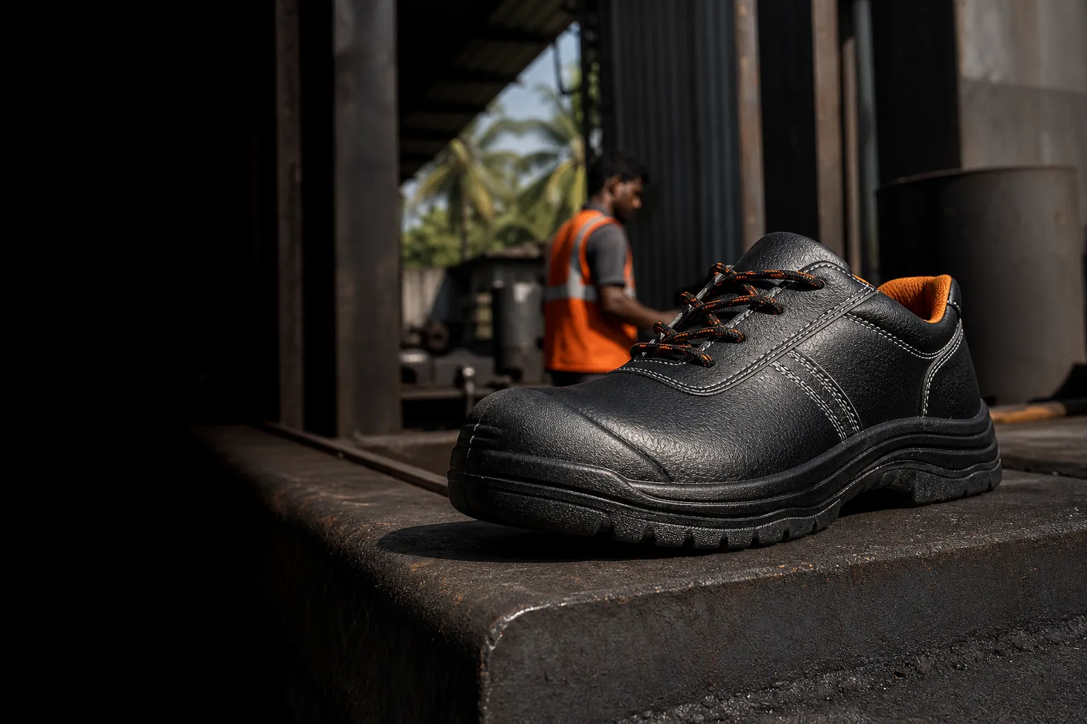 Industrial work shoe in a workshop environment