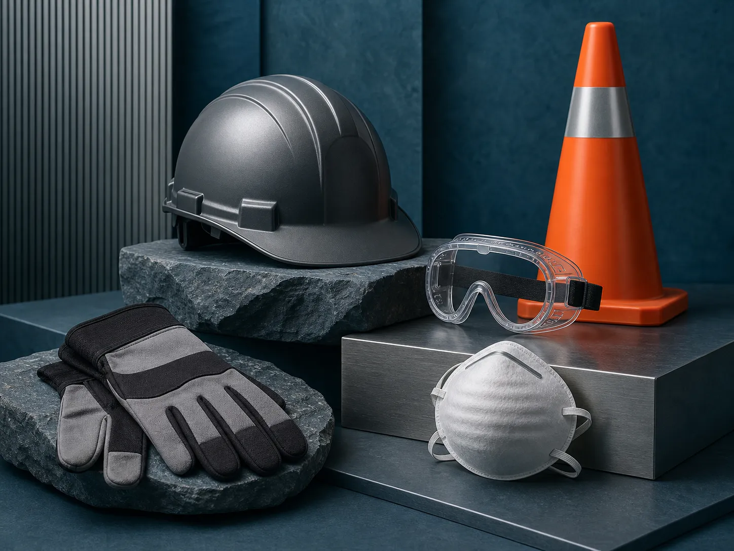 Curated set of helmet, goggles, gloves, respirator and road cone