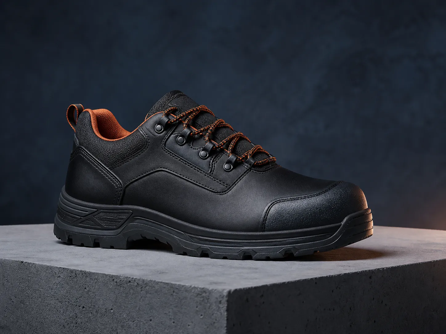 Black industrial safety shoe with orange details