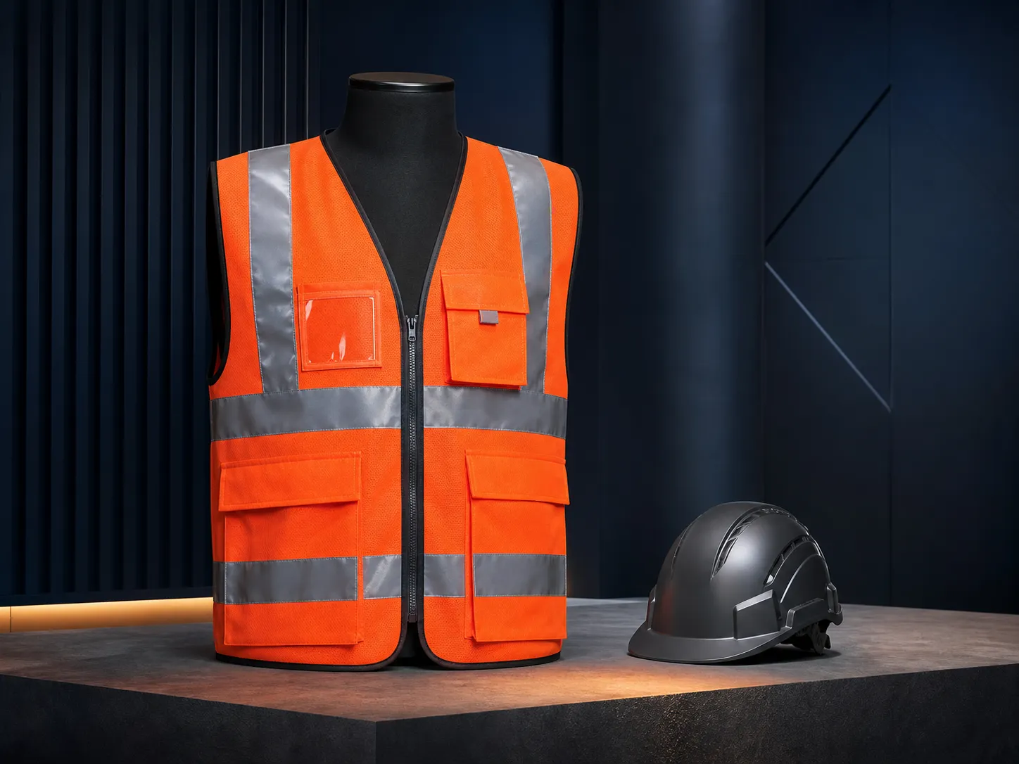 Orange high-visibility vest with graphite industrial helmet